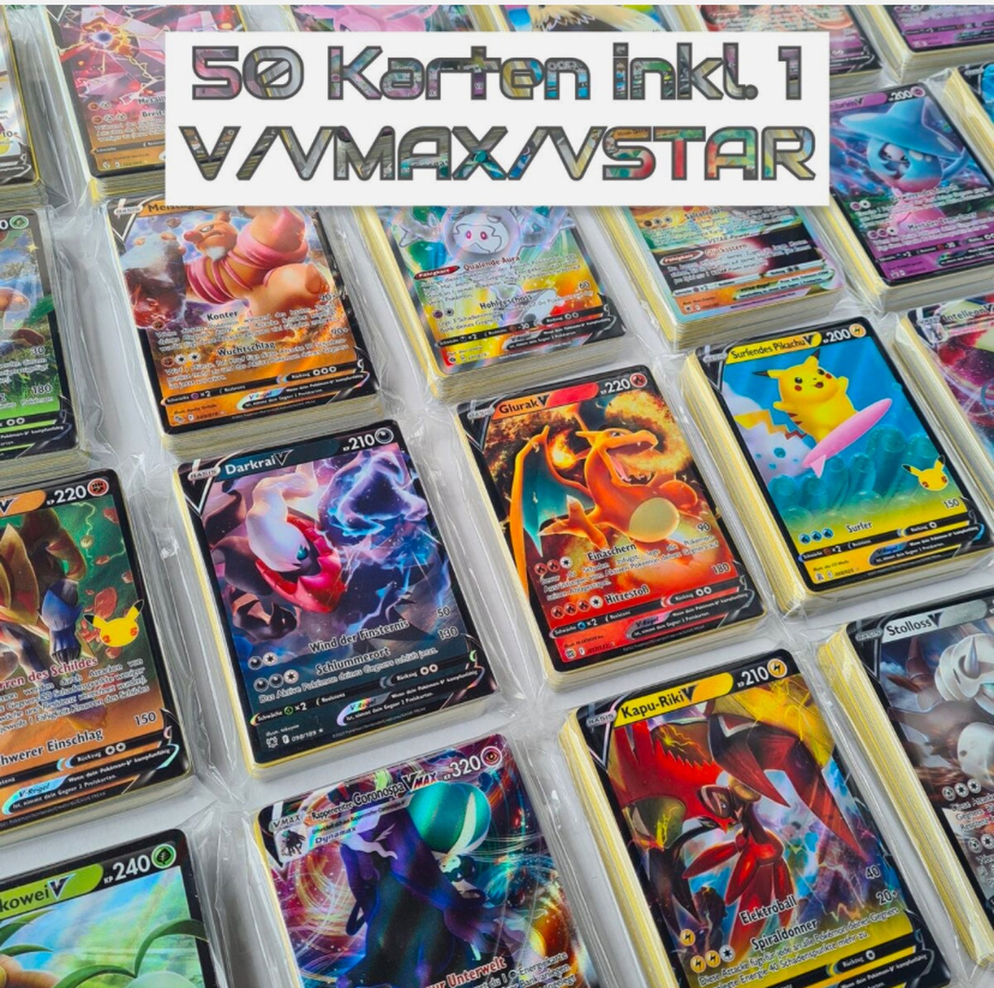 50 Pokémon Karten mit Holos! Deutsch, ohne doppelte, boosterfrisch! + 1 V/GX/EX Karte