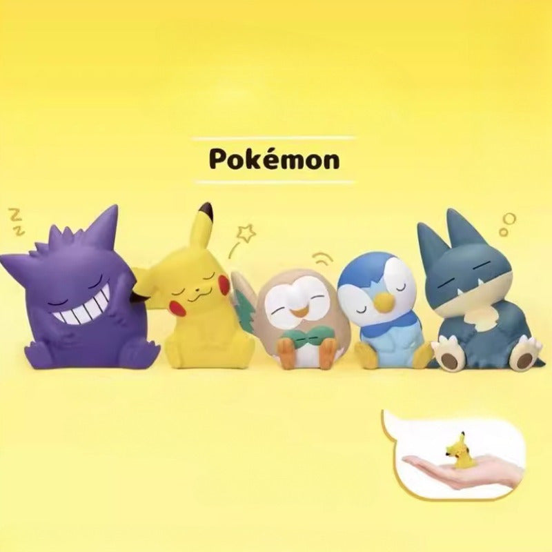 5pcs Takara Tomy Pokemon Mystery Box Set - Pikachu, Gengar, Rowlet & Snorlax Figurines - Mixed Colors, Durable PVC Material