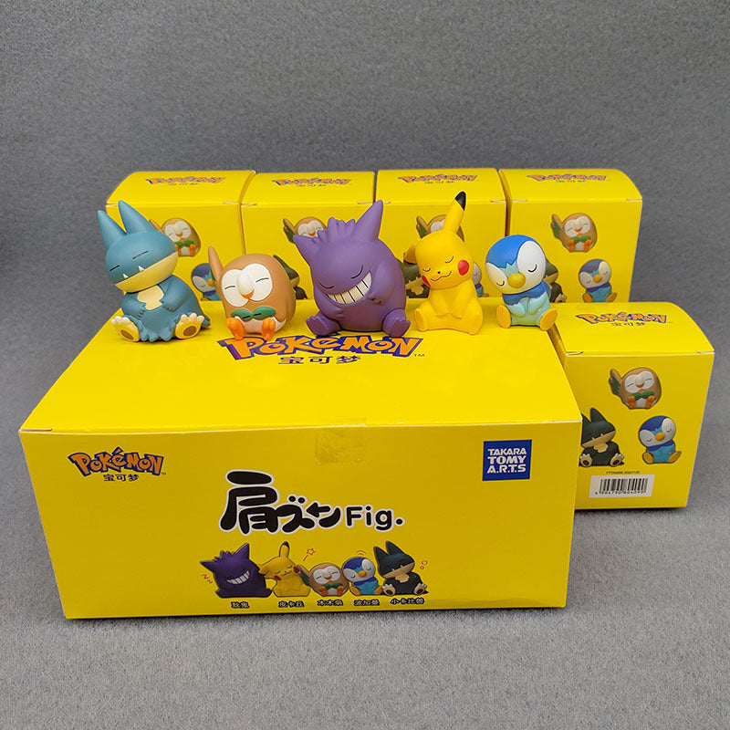 5pcs Takara Tomy Pokemon Mystery Box Set - Pikachu, Gengar, Rowlet & Snorlax Figurines - Mixed Colors, Durable PVC Material
