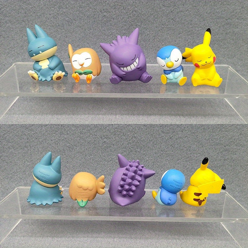 5pcs Takara Tomy Pokemon Mystery Box Set - Pikachu, Gengar, Rowlet & Snorlax Figurines - Mixed Colors, Durable PVC Material
