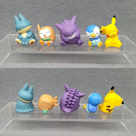 5pcs Takara Tomy Pokemon Mystery Box Set - Pikachu, Gengar, Rowlet & Snorlax Figurines - Mixed Colors, Durable PVC Material