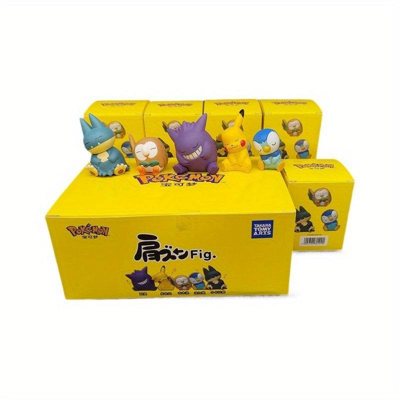 5pcs Takara Tomy Pokemon Mystery Box Set - Pikachu, Gengar, Rowlet & Snorlax Figurines - Mixed Colors, Durable PVC Material