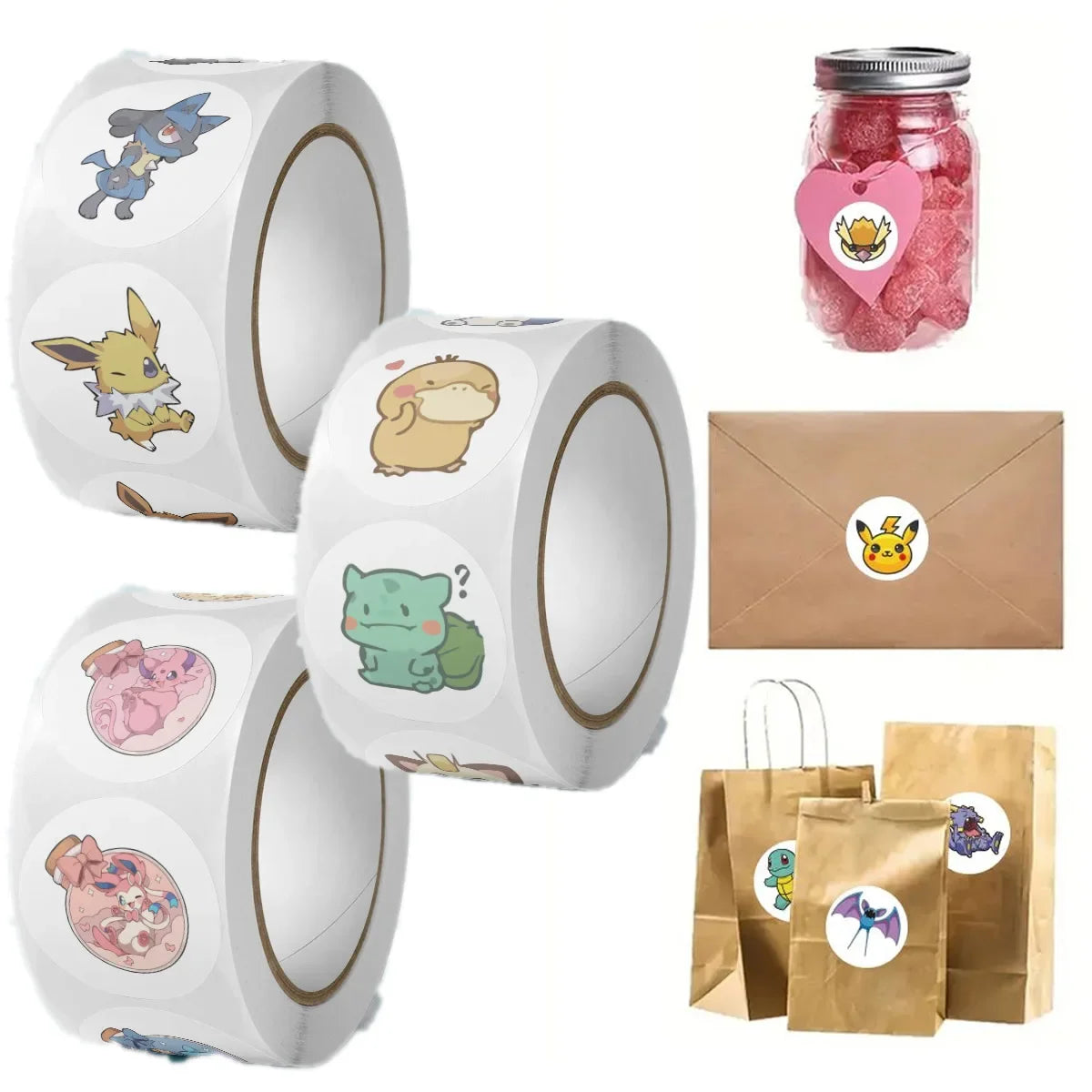500 Aufkleber auf Rolle – Kawaii Pokémon-Sticker mit Pokemon-Motiven, DIY-Deko für Laptop, Kinder, Pokemon-Fans, Belohnung & Geschenk für Mädchen