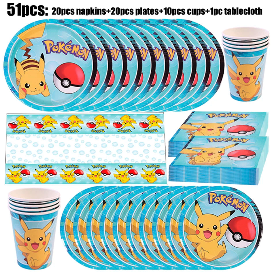 Pokémon Geburtstagsdeko Set – Papiergeschirr mit Pikachu: Teller, Becher, Servietten, Tischdecke & Partyzubehör für Kindergeburtstage