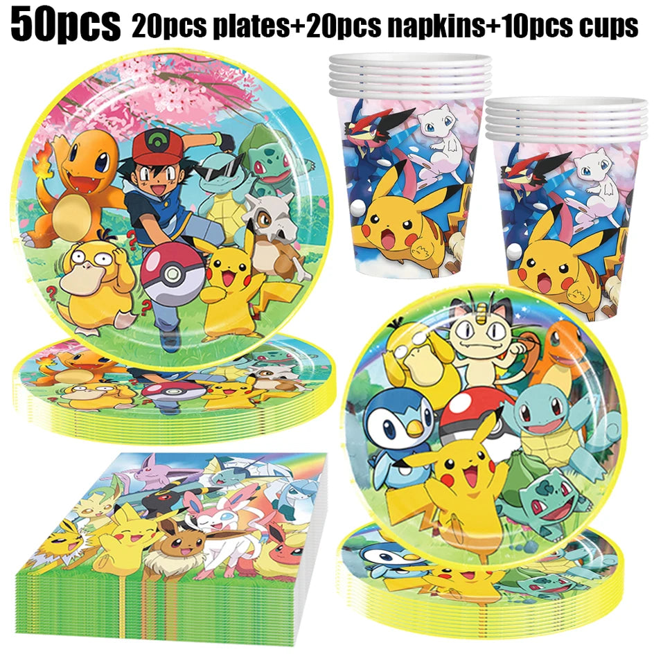 Pokémon Geburtstagsdeko Set – Papiergeschirr mit Pikachu: Teller, Becher, Servietten, Tischdecke & Partyzubehör für Kindergeburtstage