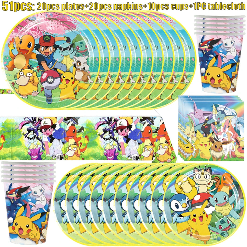 Pokémon Geburtstagsdeko Set – Papiergeschirr mit Pikachu: Teller, Becher, Servietten, Tischdecke & Partyzubehör für Kindergeburtstage