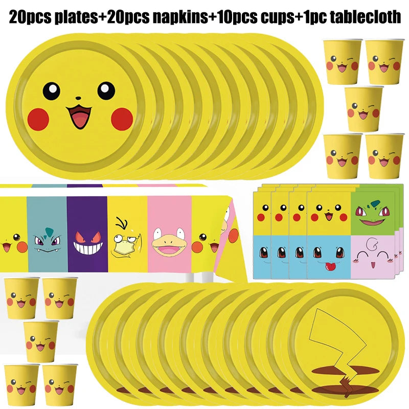 Pokémon Geburtstagsdeko Set – Papiergeschirr mit Pikachu: Teller, Becher, Servietten, Tischdecke & Partyzubehör für Kindergeburtstage
